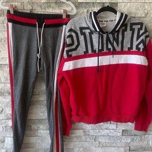 Victoria's Secret Red, Gray & White Colorblock Hoodie + Leggings Set